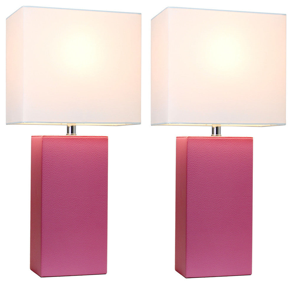 Elegant Designs Set of 2 Modern Leather Table Lamps White Fabric Shades Hot Pink