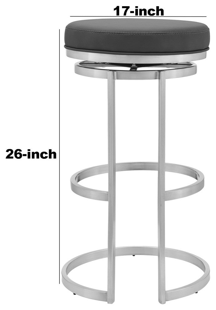 Benzara BM245974 26" Gray Leather and Brushed Stainless Steel Swivel Bar Stool