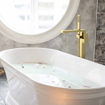 Cube Single Handle Floor Mount Tub Filler With Hand Shower, Brushed Gold