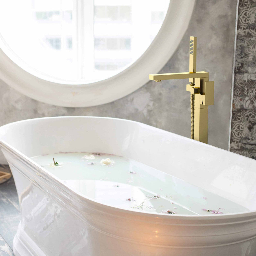 Cube Single Handle Floor Mount Tub Filler With Hand Shower, Brushed Gold