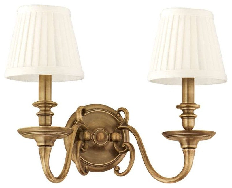 Charleston, Two Light Wall Sconce, Aged Brass Finish, Off White Faux Silk Shade