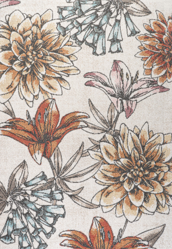 Giglio Modern Botanical Flower Area Rug, Orange/Blue/Cream, 5 X 8