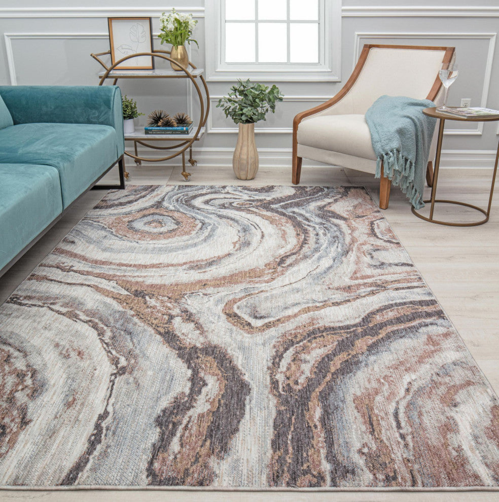 Jade River Reflection Abstract Contemporary Brown Recycled Area Rug, 2'6" X 8'