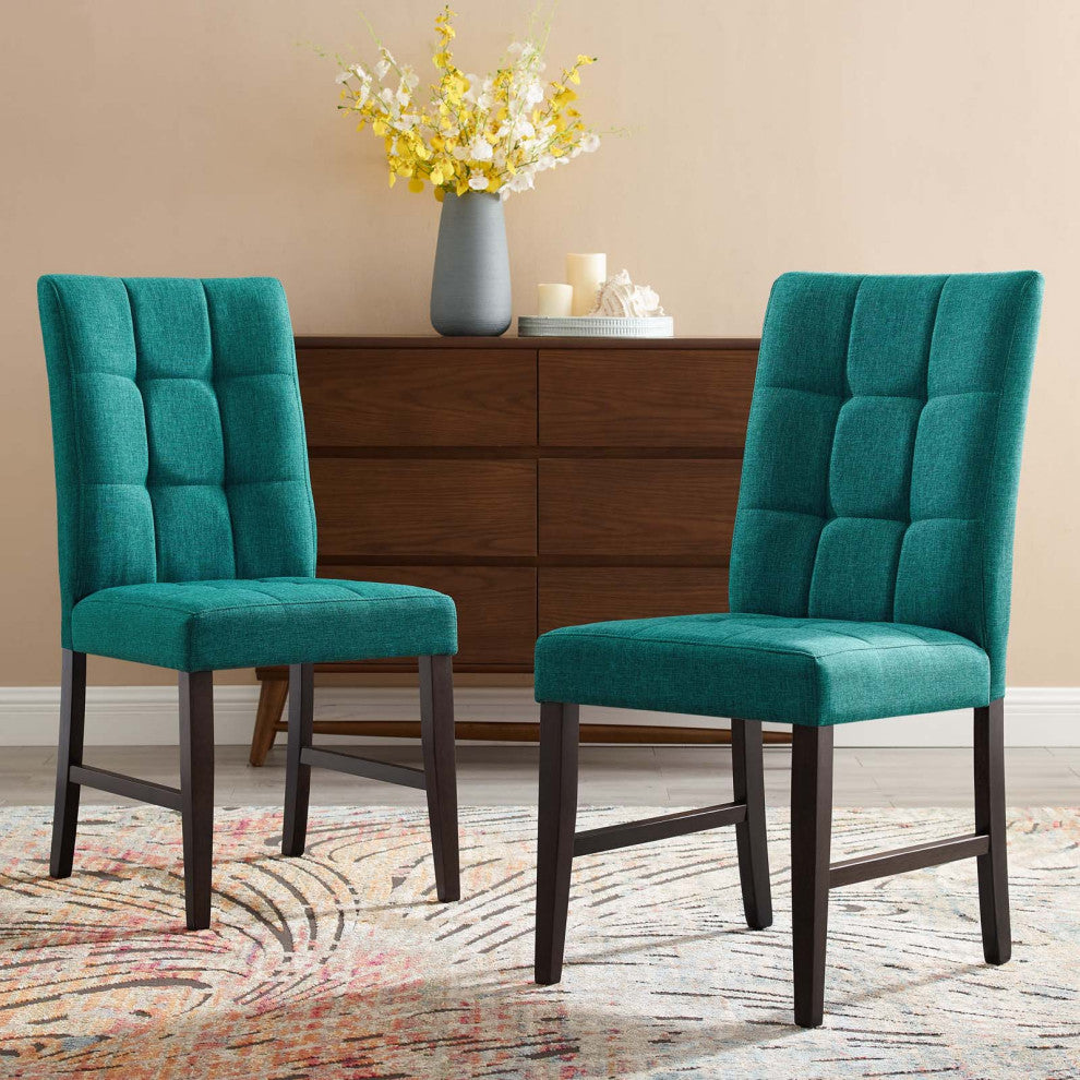 Tufted Side Dining Chair, Set of 2, Fabric, Wood, Teal Blue, Modern, Cafe Bistro