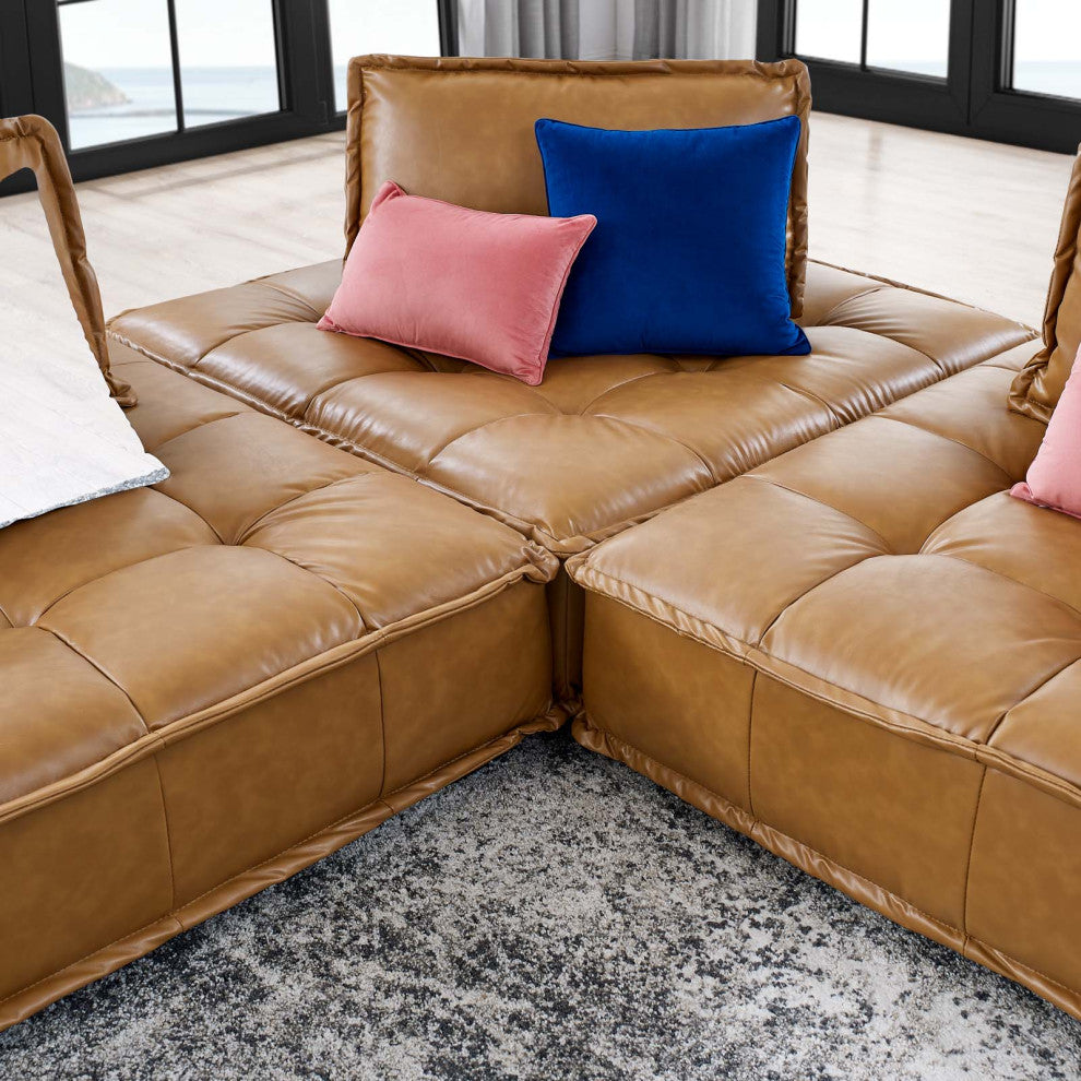 Modular Deep Tufted Sectional Sofa Set, Tan, Fabric, Modern, Lounge Hospitality