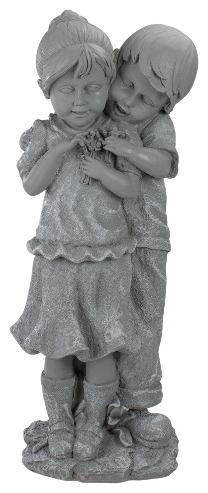 19.5" Gray Boy Hugging Girl Outdoor Garden Statue
