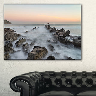 "Rocky Beach With White Waters" Modern Seashore Canvas Art, 1 Panel, 60"x28"
