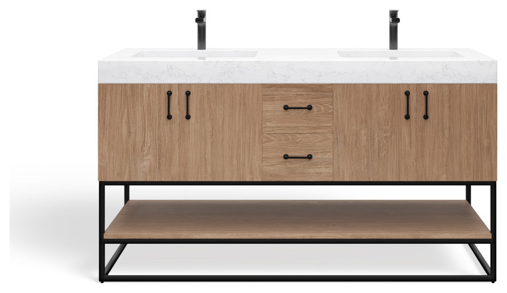 Bahia Bath Vanity, Oak, 60", Matte Black Hardware, Double, Freestanding