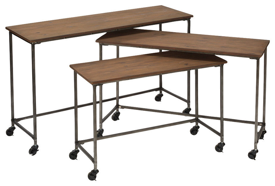 Brown Wood Accent Tables with Casters, Set of 3