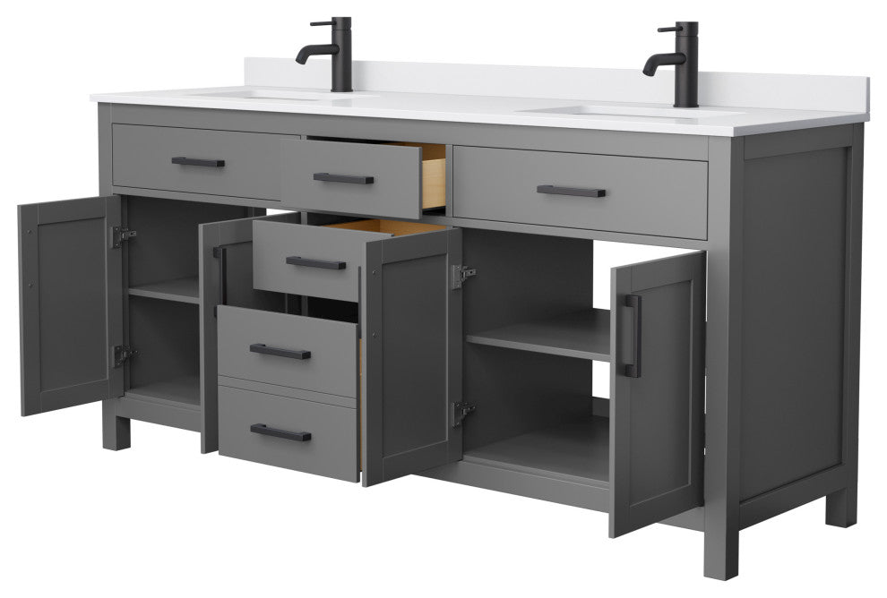 72"DBL Vanity Dark Gray, White Cult. Marble Countertop, Sinks, Black Trim