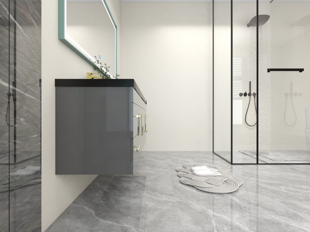 Rosa 72" Wall Mounted Modern Vanity, High Gloss Gray, Matt Black Top