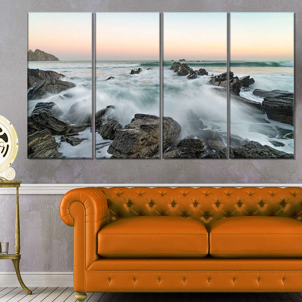 "Bay Or Biscay Rushing Waters" Modern Seashore Canvas Art, 4 Panels, 48"x28"