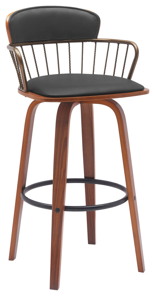 Willow 25.5" Swivel Walnut Wood Counter Stool, Black Faux Leather Bronze Metal, 30