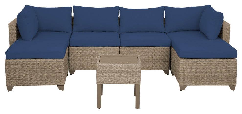 Maui 7-Piece Outdoor Conversation Set, End Table, Natural Aged Wicker, Cobalt