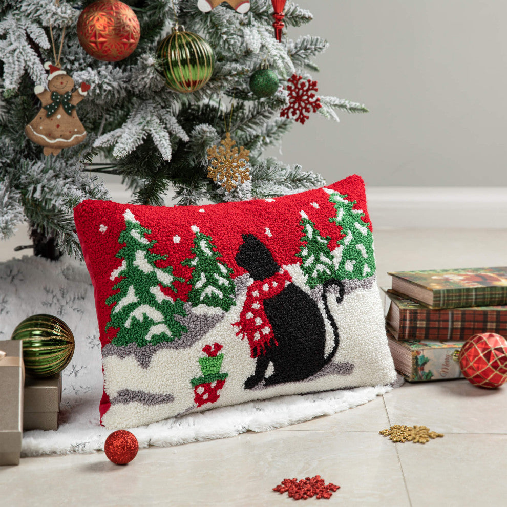 18"L Hooked Christmas Pillow Throw Xmas Pillows, Cat