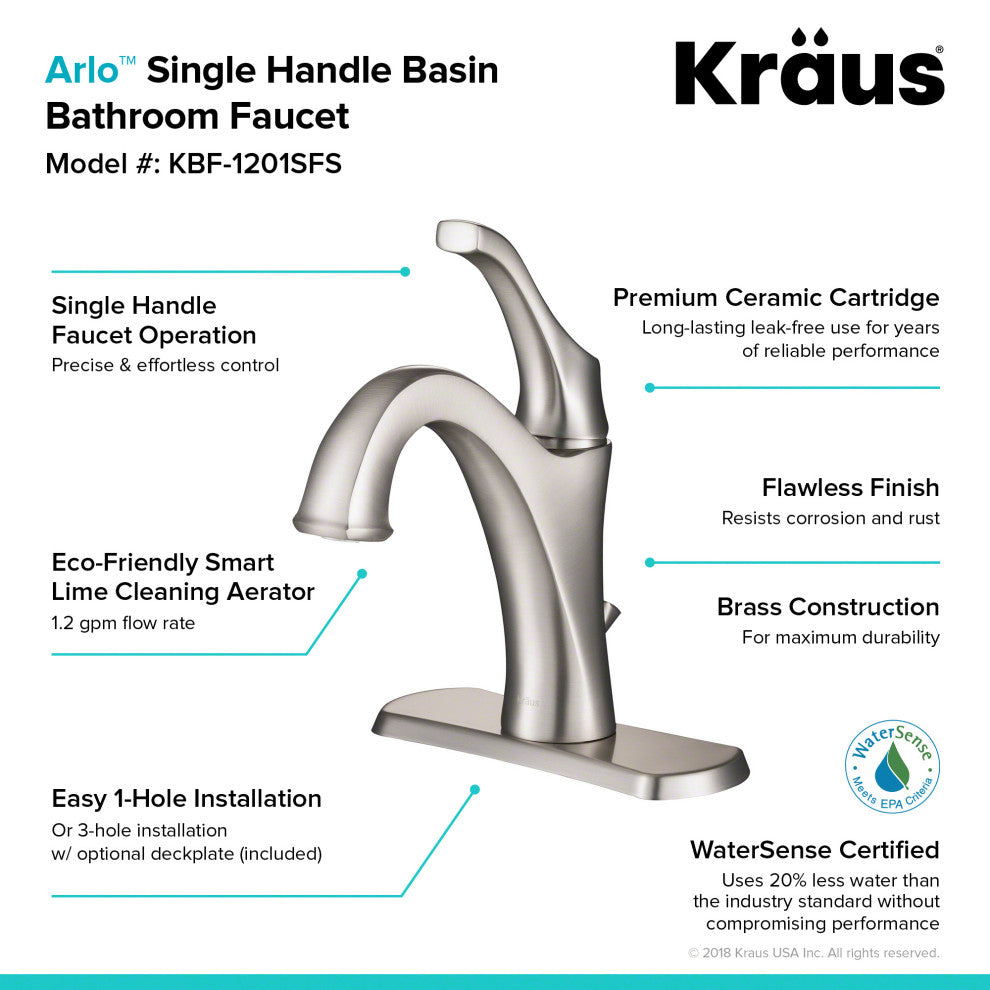 Arlo Single Handle 1-Hole Bathroom Basin Faucet, Lift Rod Drain, SFS Steel