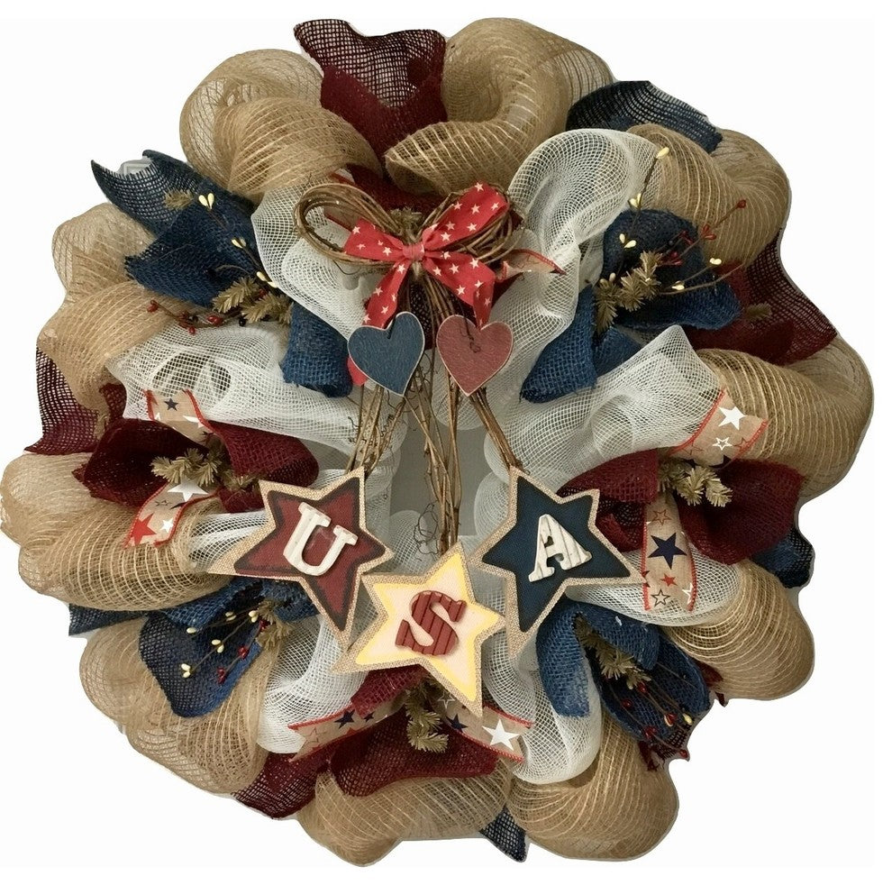 Dangling USA Stars Patriotic Wreath Handmade Deco Mesh