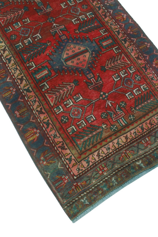 Fine Vintage Distressed Oren Red/Blue Runner, 3'2x11'10