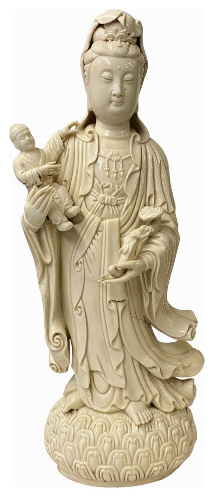 Chinese Off White Porcelain Song Zi Kwan Yin With a Boy Figure / Statue Hf312