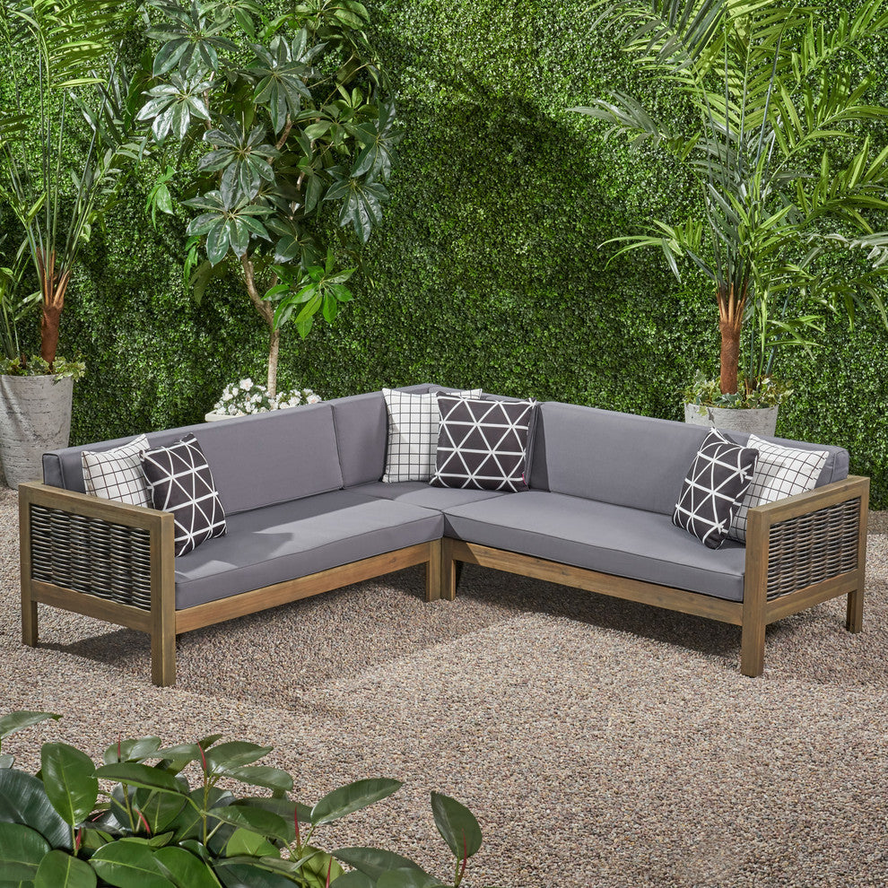 Theresa Wood and Wicker 5 Seater Sectional Sofa Set, Gray, Mixed Brown, Dark Gray