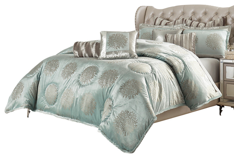 Regent 9-Piece Queen Velvet Comforter Set - Ice Blue