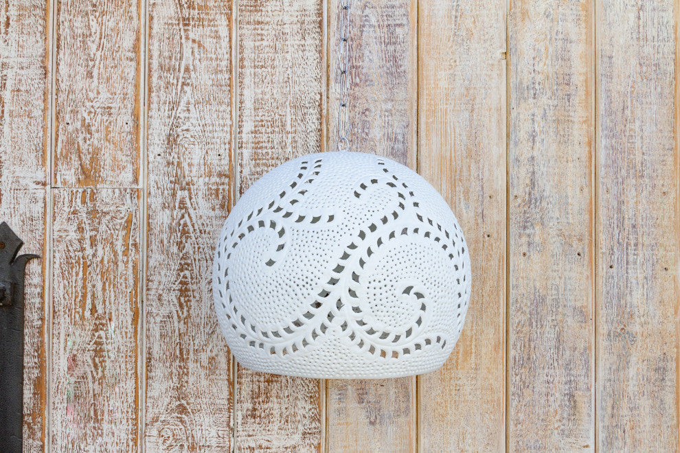 Large White Filigree Lucknow Macrame Pendant Lantern