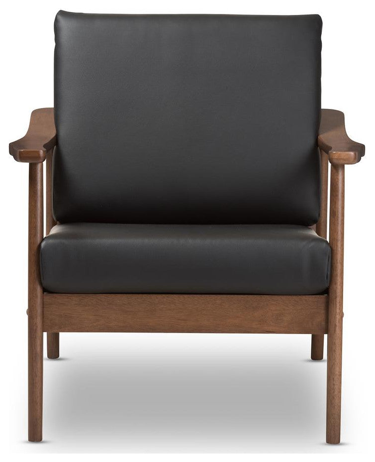 Venza Mid-Century Walnut Wood Black Faux Leather Lounge Chair