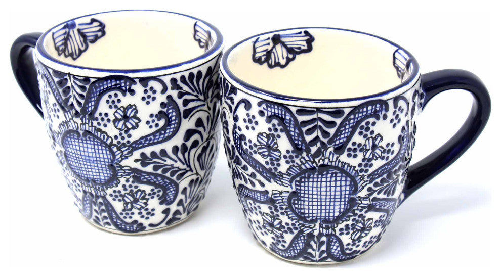 Handmade Mugs, Blue Flowers Pattern, Set of 2