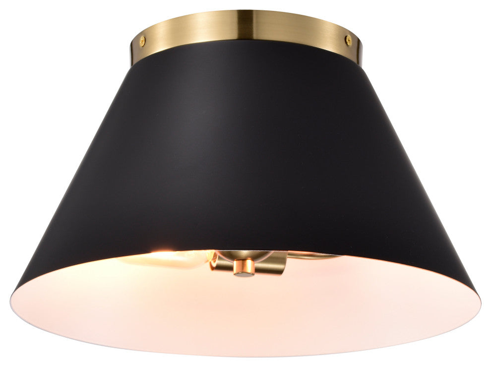 Dover 2-Light Small Flush Mount Fixture, Black With Vintage Brass