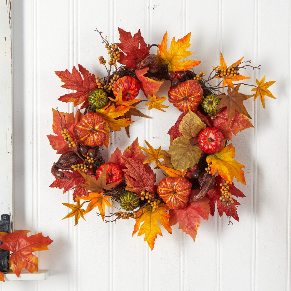 24" Autumn Pumpkin and Berries Artificial Fall Wreath