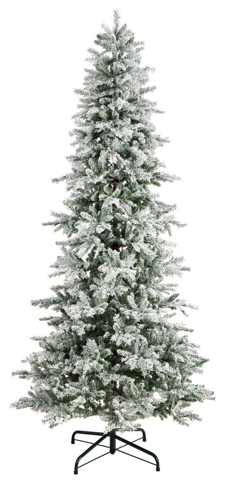9.5' Slim Flocked Nova Scotia Spruce Faux Xmas Tree W/Lights & Bendable Branches