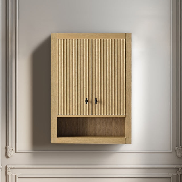 Vanity Art 24" Wall Mounted Bathroom Storage Cabinet, Linear Natural Oak, Matte Black Handle