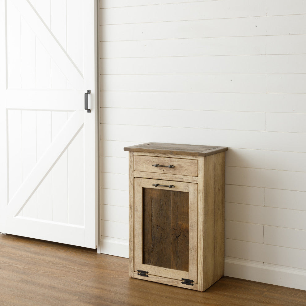 Reclaimed Oak Tilt-out Garbage Bin With Drawer, White With Van Dyke Brown and Smoked Hickory