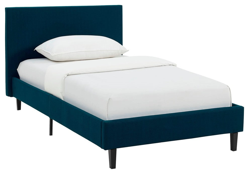 Modern Contemporary Urban Twin Size Platform Bed Frame, Navy Blue, Fabric Wood