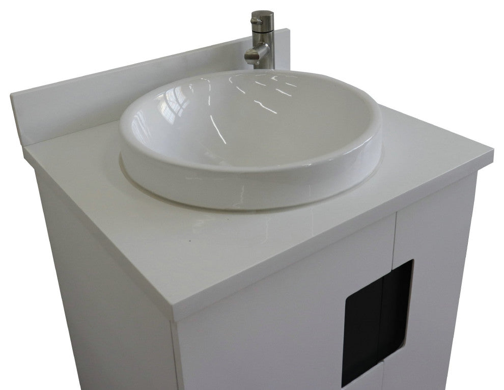 25" Single Sink Vanity, White Finish With Engineered Stone Top And Round Sink