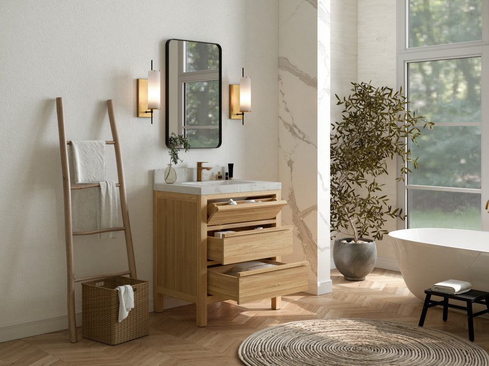 Elizabeth 30 Single Sink Bath Vanity in Light Natural Teak 1.5" Empira Quartz