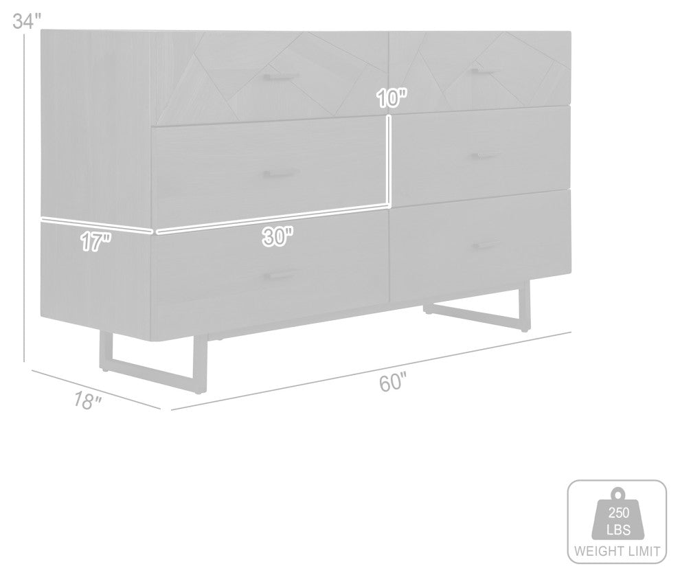 Marquis 6 Drawer Oak Wood Dresser with Black Metal Legs