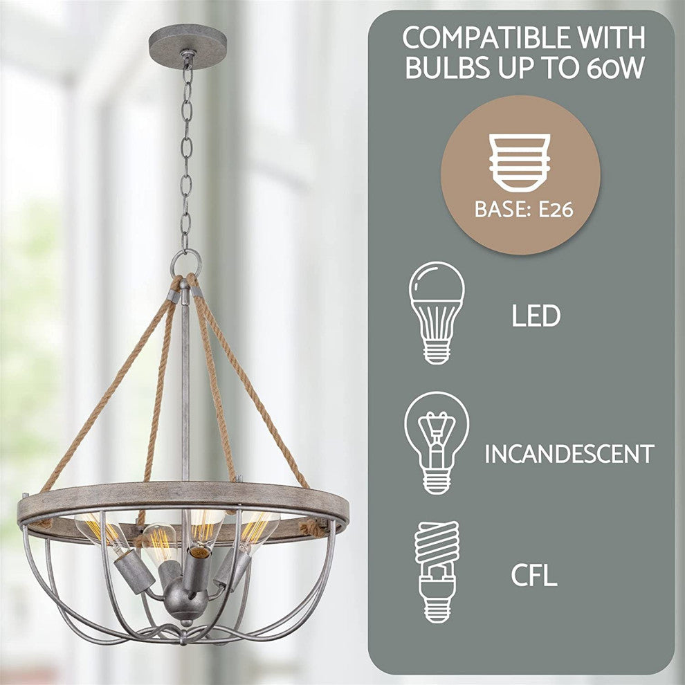4 Light Farmhouse Chandelier Hemp Rope Pendant Light With Wood Style