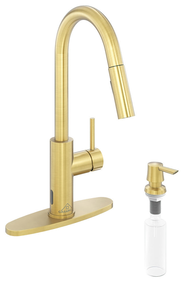 Touchless Pull Down Single Handle Kitchen Faucet With LED Function, Brushed Gold