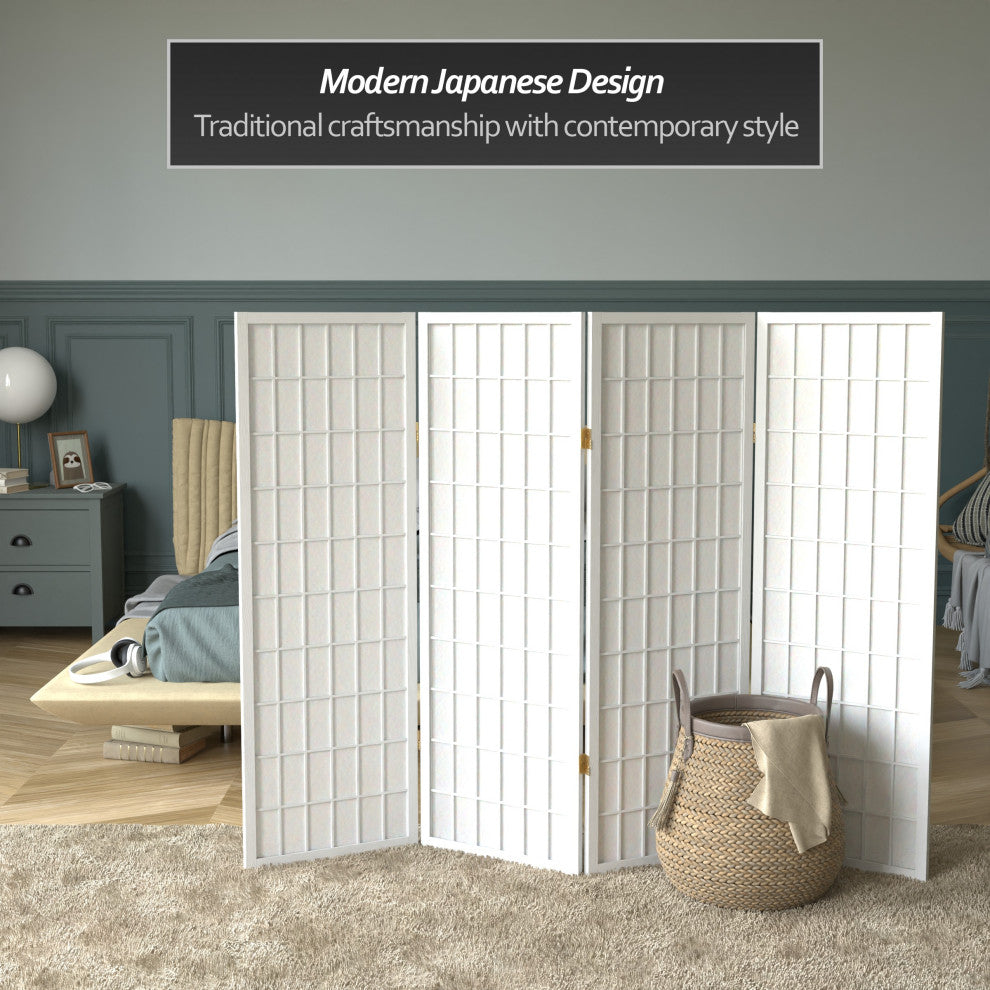 4' Tall Window Pane Shoji Screen, White, 4 Panels