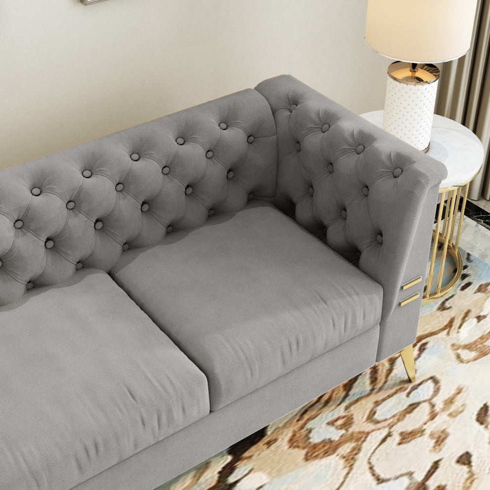 82.7'' Chesterfield Velvet Square Arm Sofa with Gold Leg, Light Gray