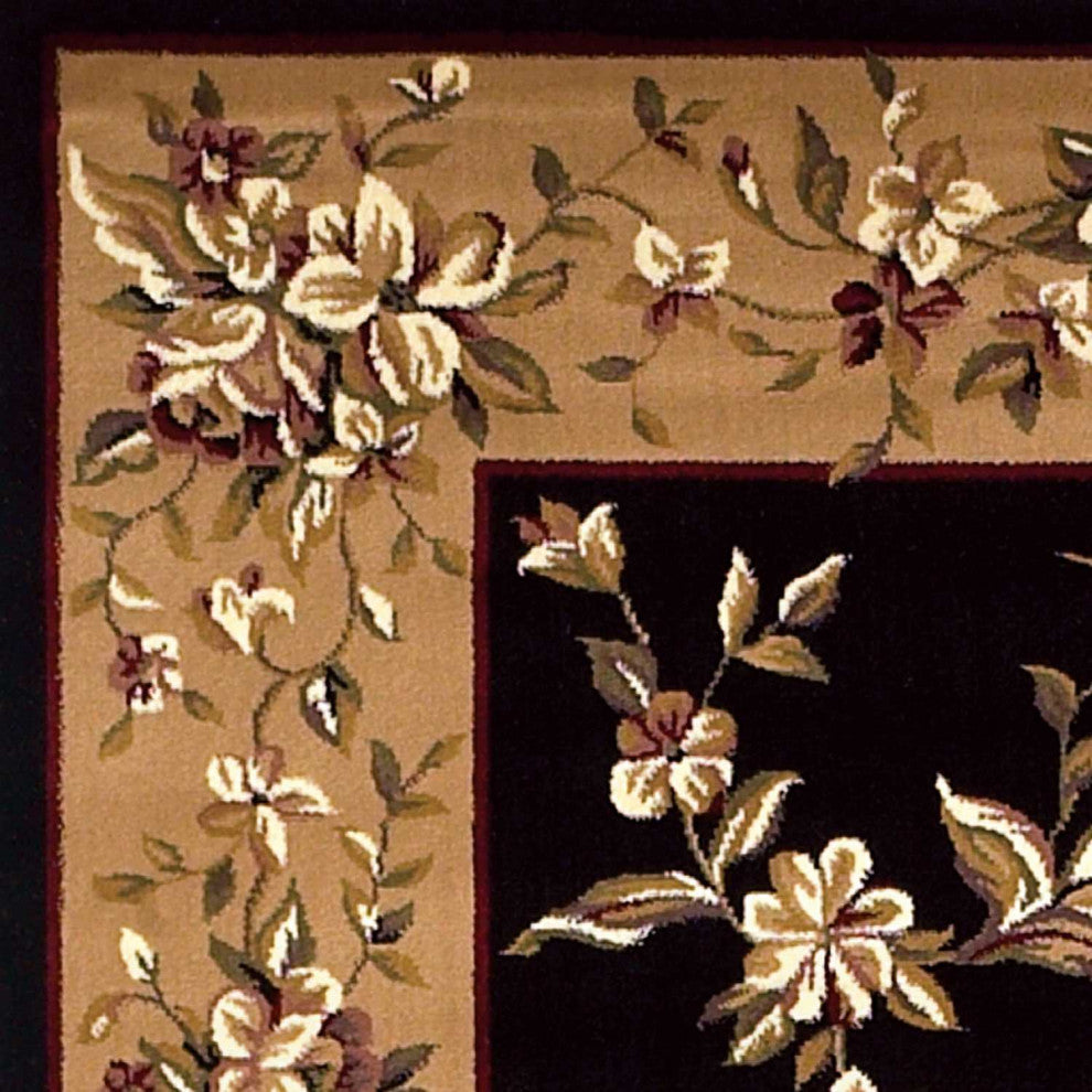 HomeRoots 7' Octagon Black or Beige Floral Bordered Indoor Area Rug