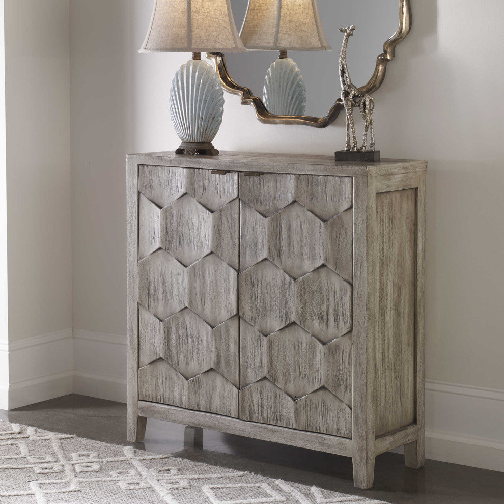 MidCentury Ivory Gray Distressed Wood Cabinet Accent Console Diamond Honeycomb