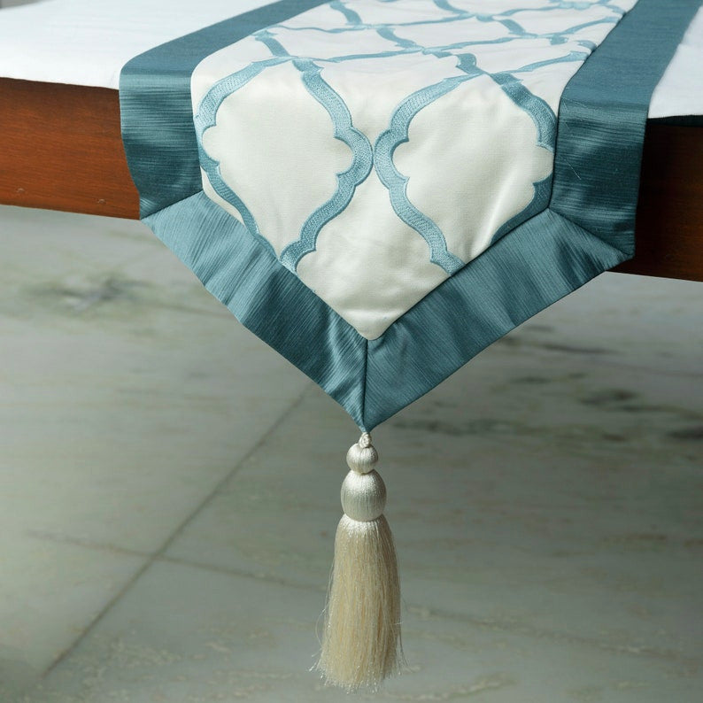 Decorative Table Runner Blue Satin 14"x60", Lattice & Tassels, Adonia