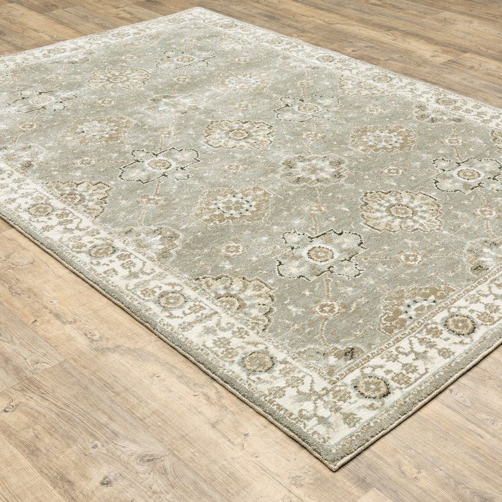 Adeline Faded Borders Grey and Ivory Area Rug, 10'x13'2"