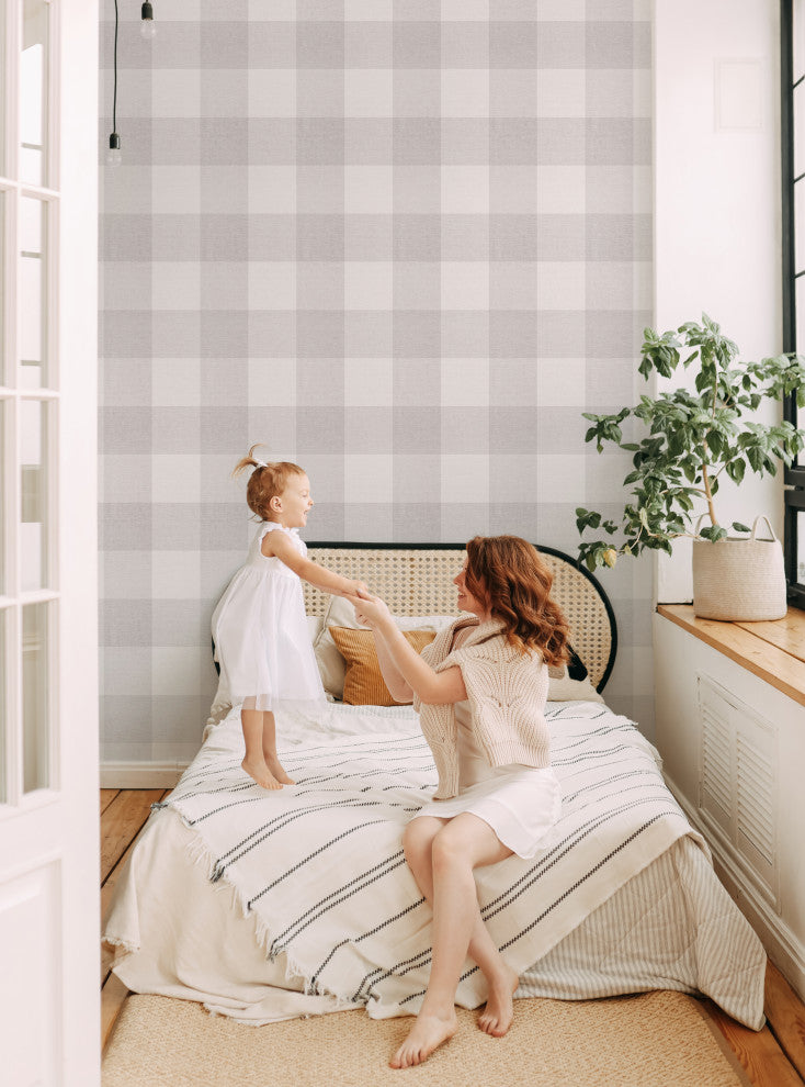 Checkered Fabric Look Medium Peel and Stick Vinyl Wallpaper, Gray, 24"x108"