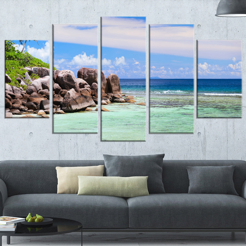 "Beautiful Seychelles Rocky Coast" Landscape Wall Art, 5 Panels, 60"x32"