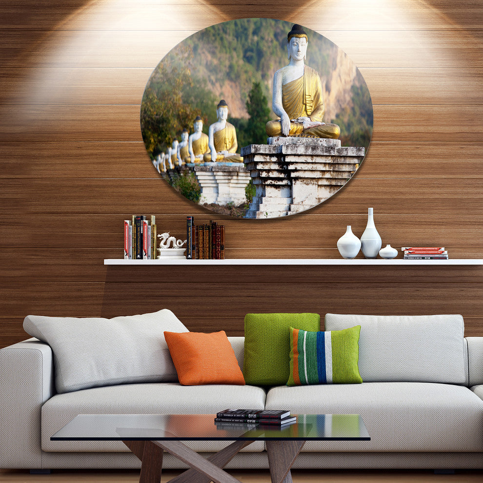 Beautiful Row Of Buddha Statues, Landscape Disc Metal Artwork, 23"