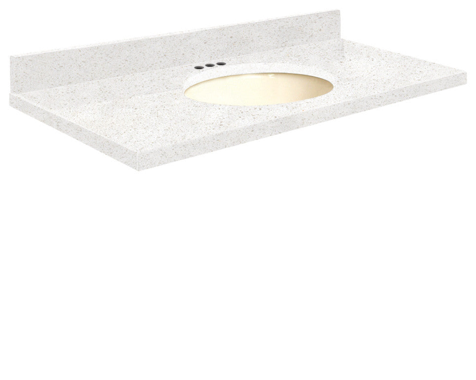 Quartz 43"x22" Vanity Top, Single Faucet Hole, Milan White, Biscuit Bowl