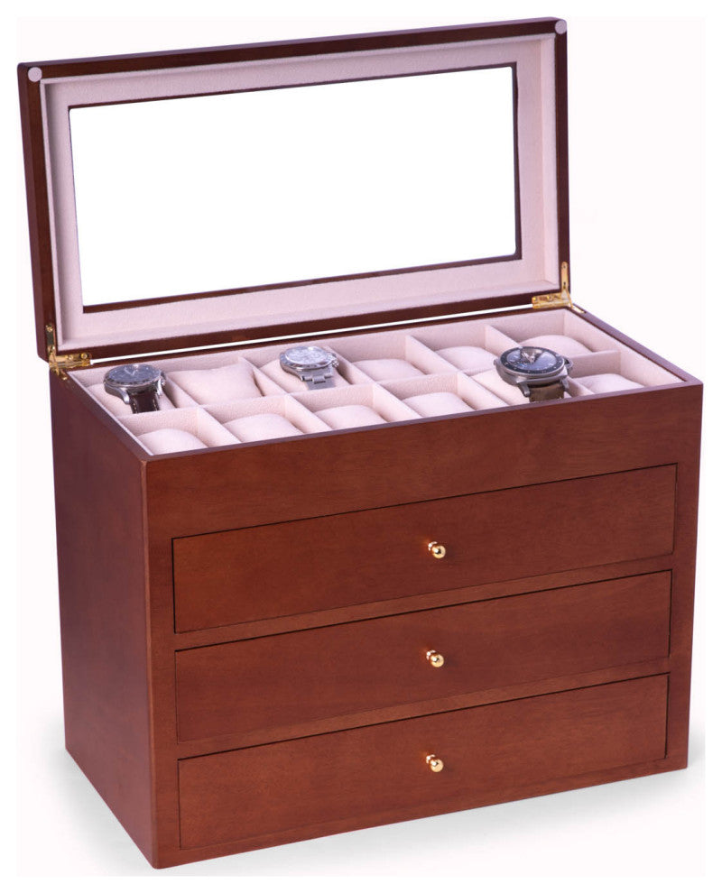 Cherry Wood 48 Watch Box, Glass Top and Drawer, Velour Lining and Pillows